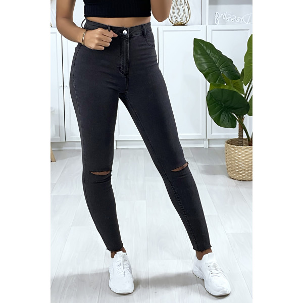 Jeans slim en anthracite déchiré aux genoux avec poches à l'arrière - 3