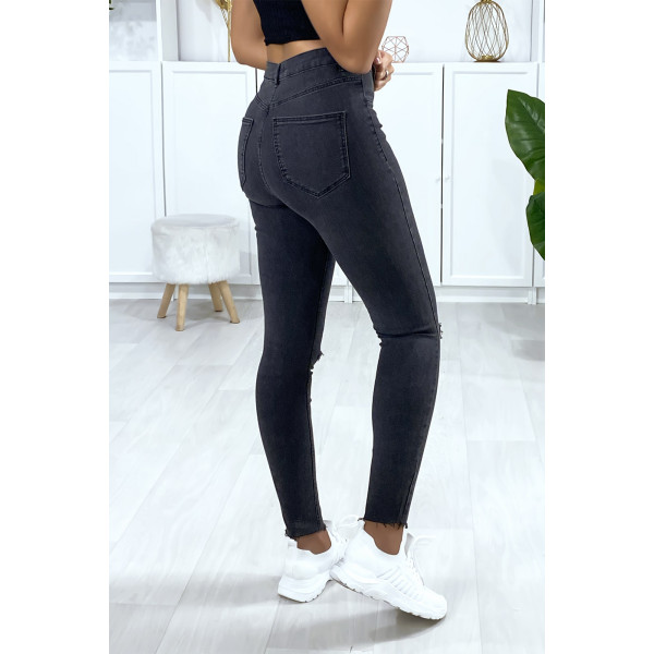 Jeans slim en anthracite déchiré aux genoux avec poches à l'arrière - 4