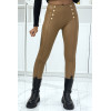 Pantalon slim camel en simili avec boutons doré - 2