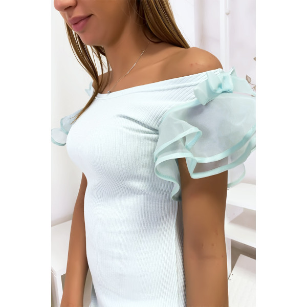 Robe vert d'eau en maille côtelé avec des volants et papillon aux épaules - 6