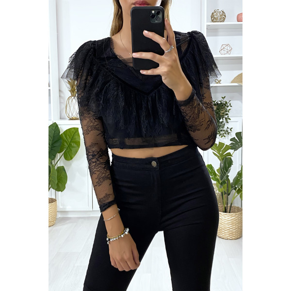 Crop top noir en dentelle avec volant au buste - 4