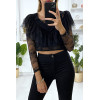 Crop top noir en dentelle avec volant au buste - 4