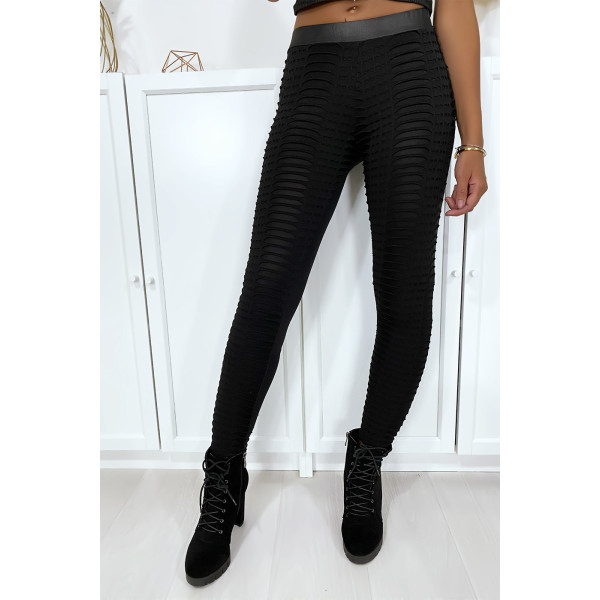 Legging jacquard noir transparent à l'avant et simili à l'arrière - 1