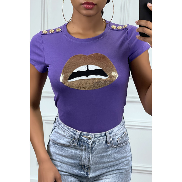 Tee shirt violet avec dessins et boutons dorée - 1