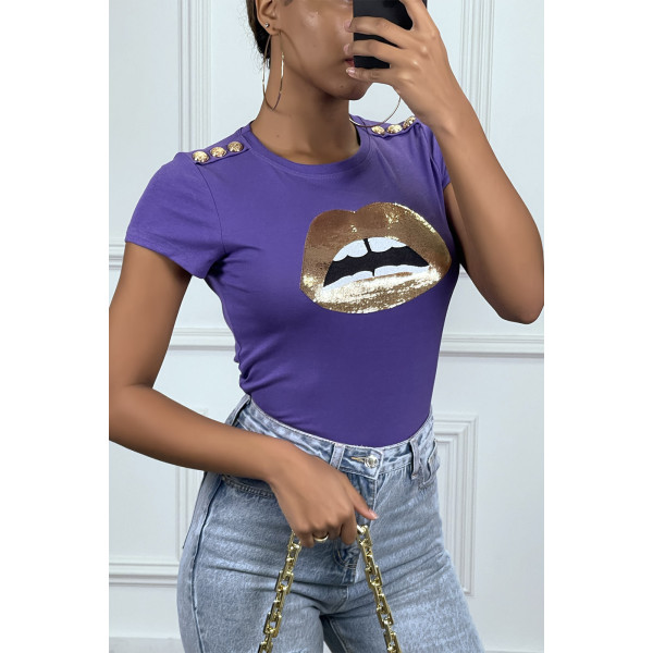 Tee shirt violet avec dessins et boutons dorée - 5