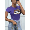 Tee shirt violet avec dessins et boutons dorée - 5