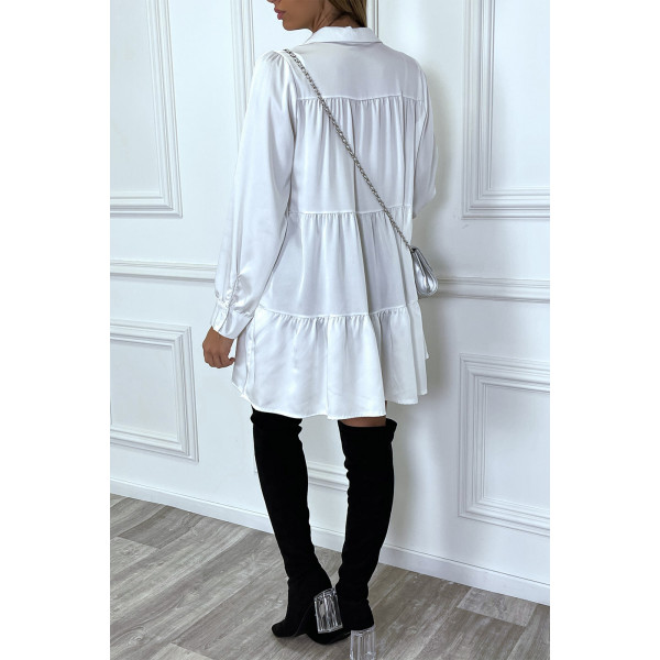 Robe chemise blanche satinée à volant - 5