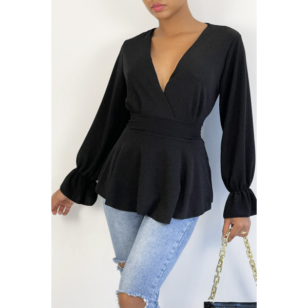 Blouse cache-coeur pailletée noire à volants - 3