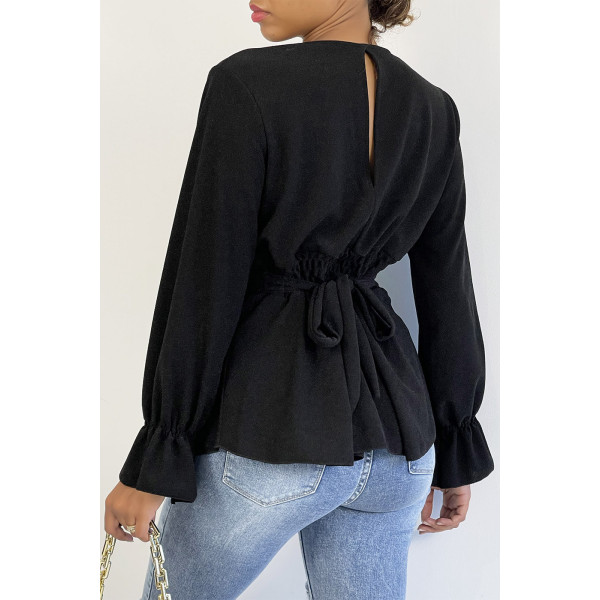 Blouse cache-coeur pailletée noire à volants - 4