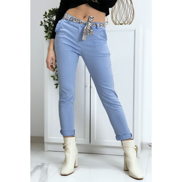 Pantalon strech bleu avec poches froufrou et ceinture - 2