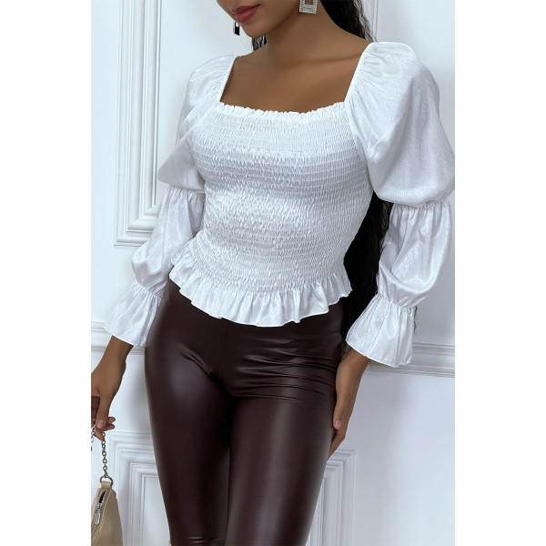 Blouse blanche froncée à manches bouffantes - 1