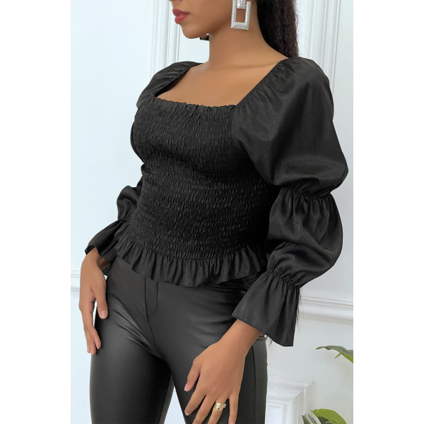 Blouse noire froncée à manches bouffantes - 2