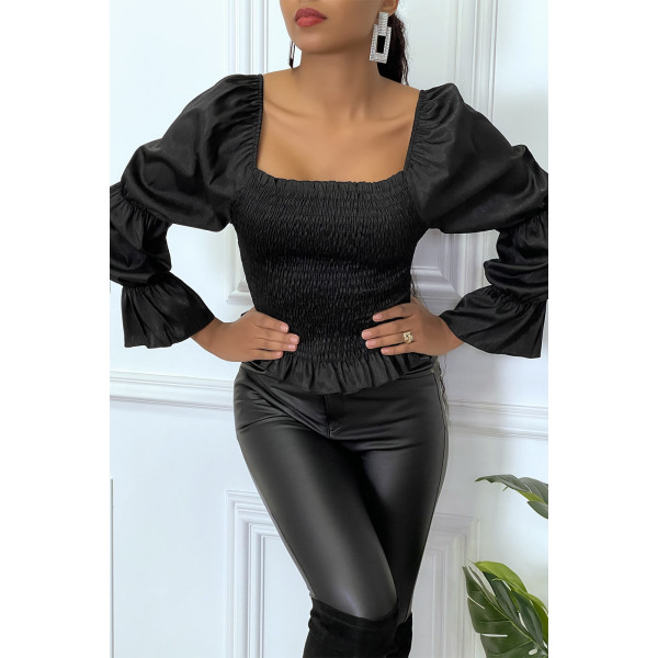 Blouse noire froncée à manches bouffantes - 5