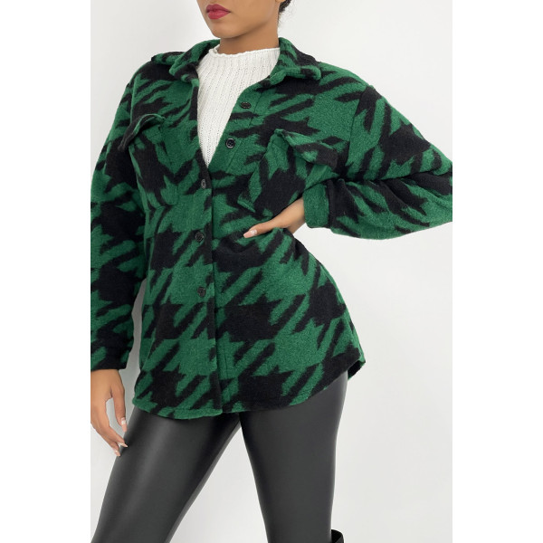 Veste surchemise bicolore vert forêt et noire à carreaux mi-longue avec fermeture à boutons et col à revers - 3