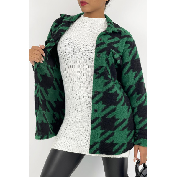 Veste surchemise bicolore vert forêt et noire à carreaux mi-longue avec fermeture à boutons et col à revers - 5