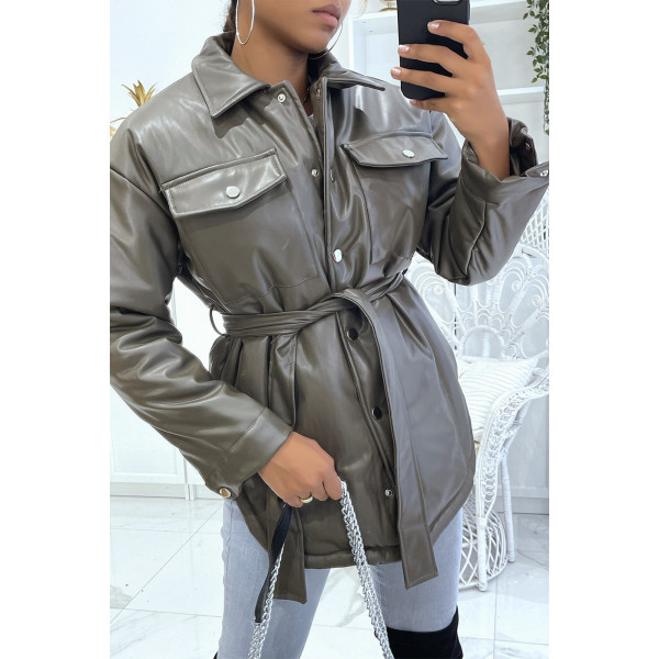 Manteau kaki mi long asymétrique simili cuir avec ceinture à la taille - 4