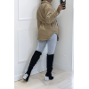 Manteau taupe mi long asymétrique simili cuir avec ceinture à la taille - 2