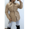 Manteau taupe mi long asymétrique simili cuir avec ceinture à la taille - 4