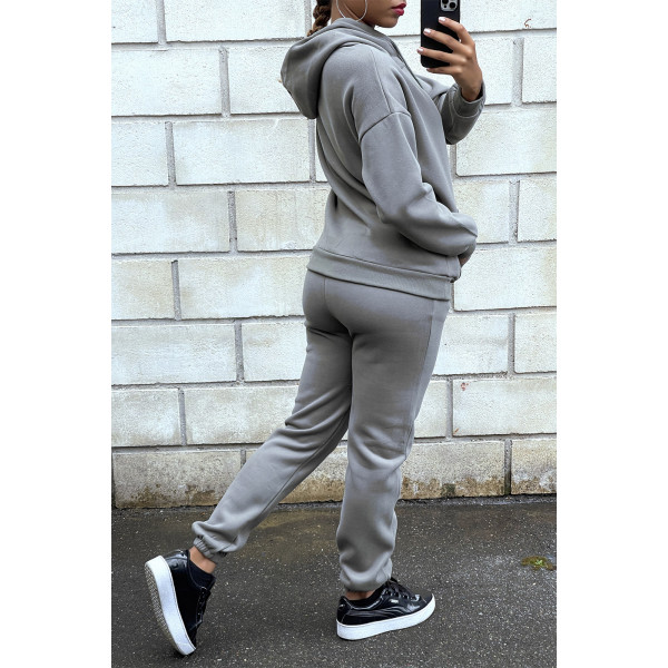 Ensemble 3 pièces doudoune sweat et jogging super épais en kaki - 6