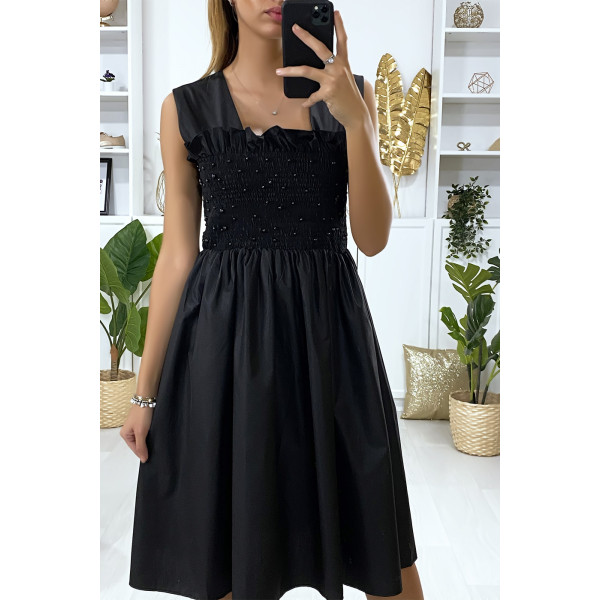 Robe patineuse noir évasé avec perles et élastiques au buste - 3