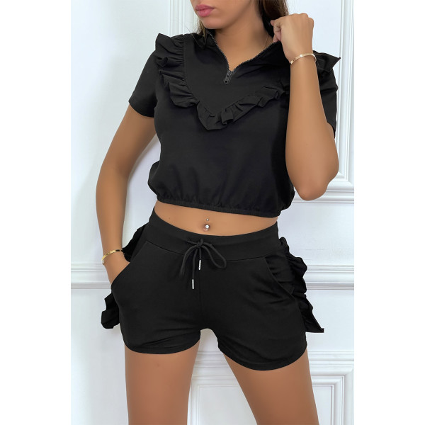 Ensemble noir avec détails volants short à lacet et haut avec zip - 2