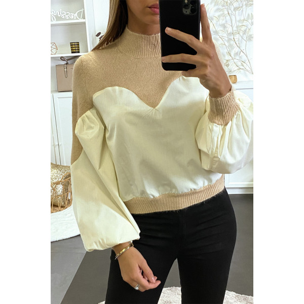 Pull beige bi-matière avec manches bouffante - 5