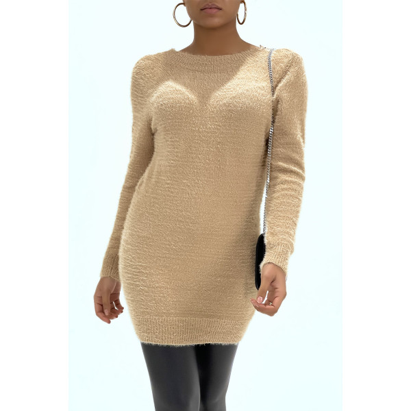 Robe Pull moulante taupe à col rond et décolleté plongeant dans le dos - 2