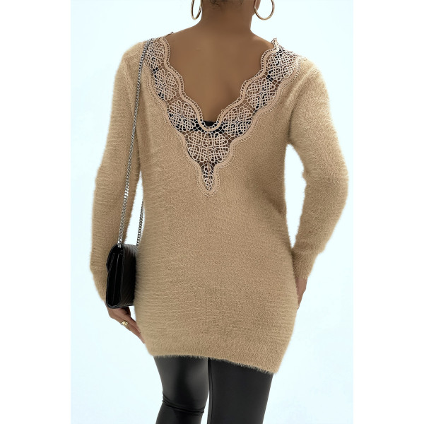 Robe Pull moulante taupe à col rond et décolleté plongeant dans le dos - 3