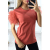 T-shirt rouge avec manches froufrou en tulle - 3