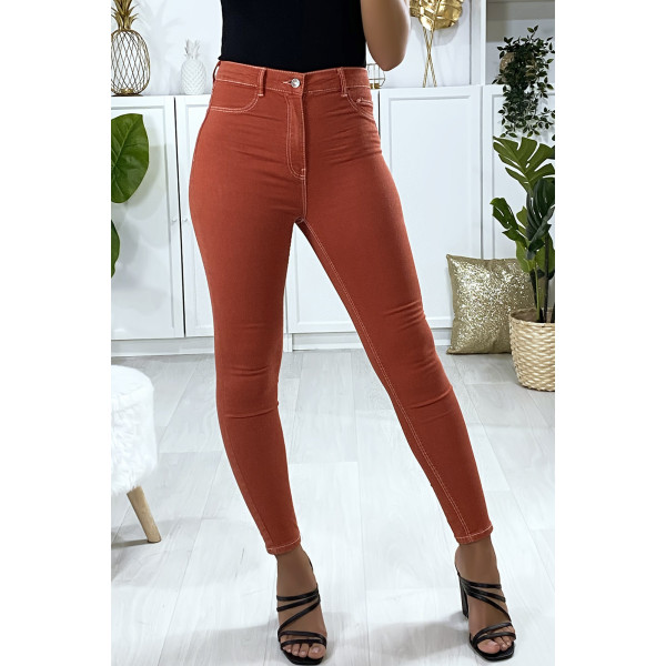 Jeans slim en corail avec fausse poches à l'avant - 1