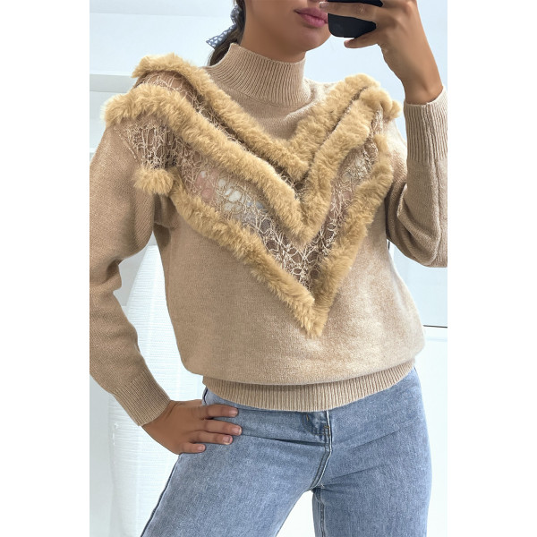 Pull camel à motif V en dentelle et fausse fourrure - 1