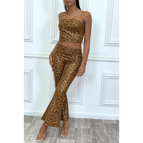 Ensemble crop top et pantalon évasée à motif python camel - 1