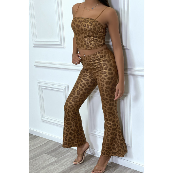 Ensemble crop top et pantalon évasée à motif python camel - 4