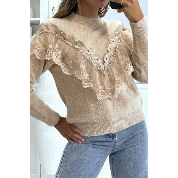 Pull  couleur taupe tout doux à col montant et volant brodé style rétro - 2