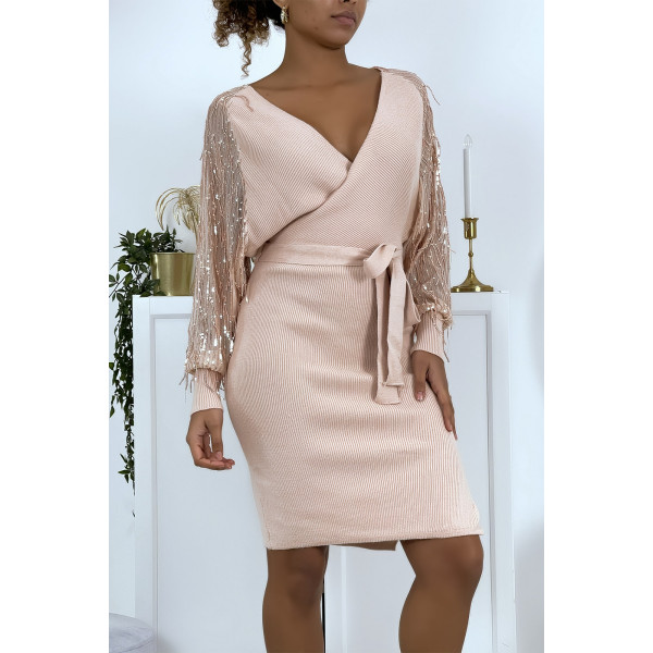 Robe cache-coeur rose gold à manches transparentes à sequins - 2