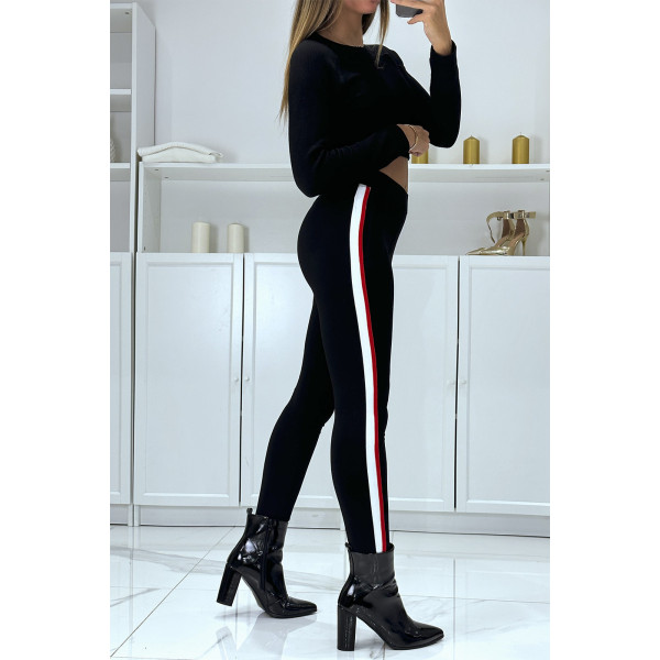 Pantalon slim noir à fausses poches et bandes sur les côtés - 2