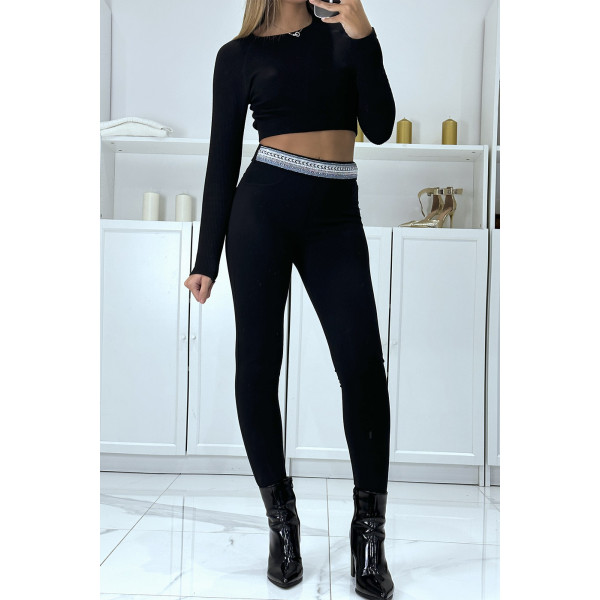 Pantalon slim noir à fausses poches et perles à la taille - 2