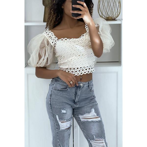 Crop top beige à manches bouffantes - 1