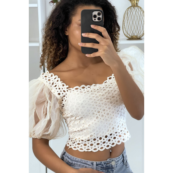 Crop top beige à manches bouffantes - 3