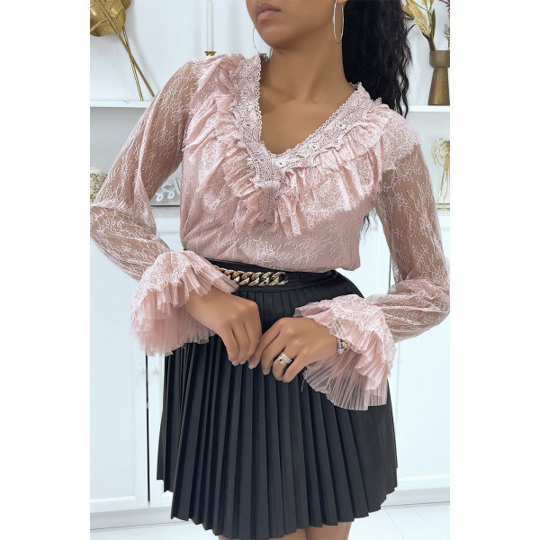 Blouse volantée en dentelle rose - 1