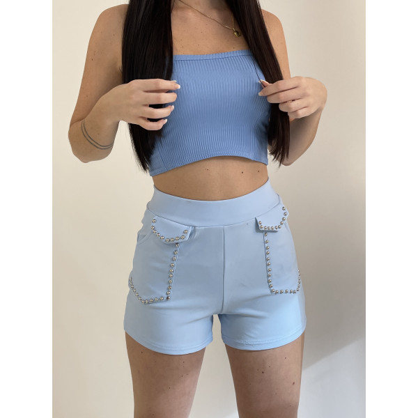 Short taille haute bleu à clous - 1