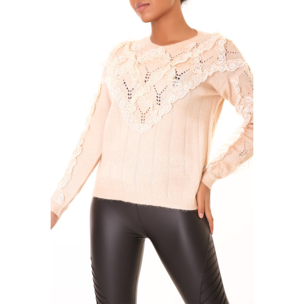 Pull beige à col rond et motif losanges en dentelle - 2