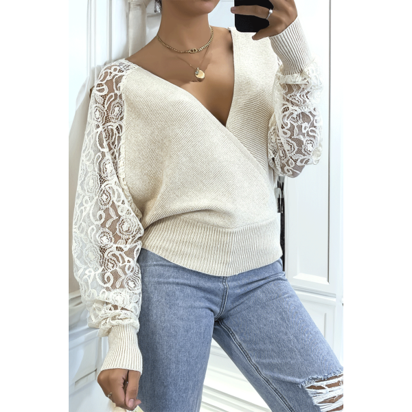 Pull cache coeur taupe avec manches en dentelle - 3