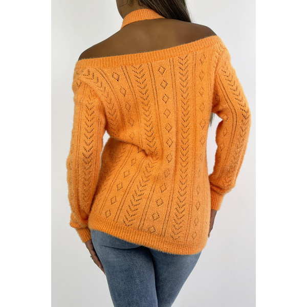 Pull orange vitaminé tout doux à épaules dénudée et détails ajourés pointelle. - 1