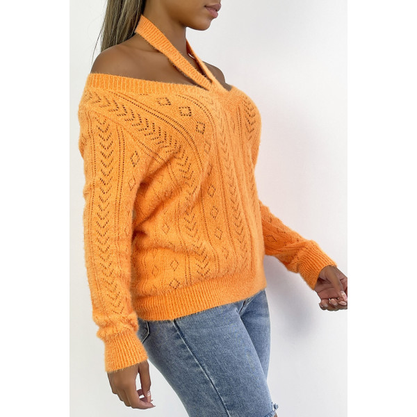 Pull orange vitaminé tout doux à épaules dénudée et détails ajourés pointelle. - 2