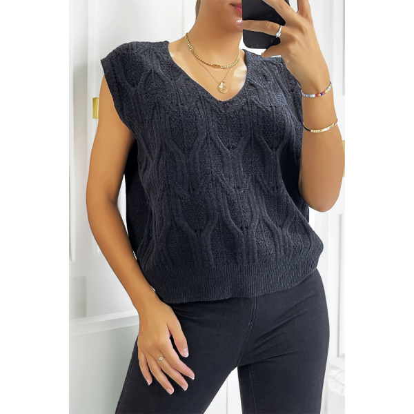 Pull noir sans manche en col V avec joli motif tressé - 3