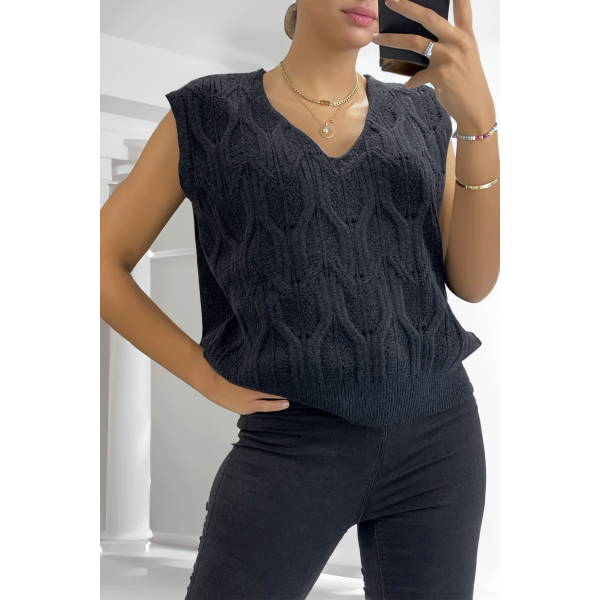 Pull noir sans manche en col V avec joli motif tressé - 4