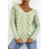 Pull  col V très chic vert pomme à volants - 4