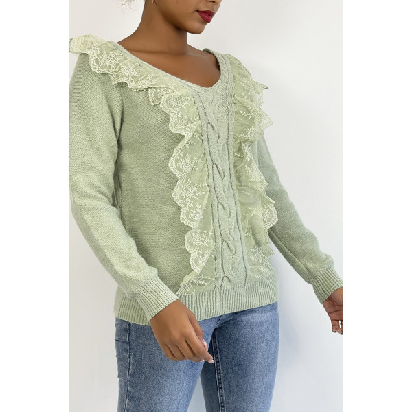 Pull  col V très chic vert pomme à volants - 5