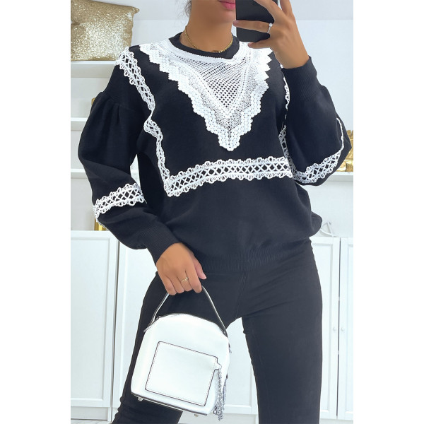 Pull noir over size manche bouffante avec motif en dentelle - 3